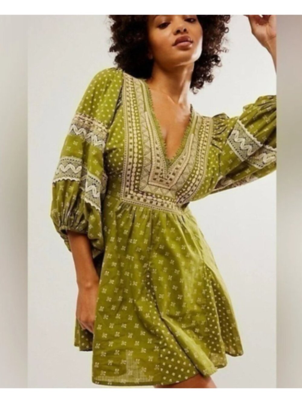 Free People Green & White Sweet Southwest Embroidered Mini Dress Size Small